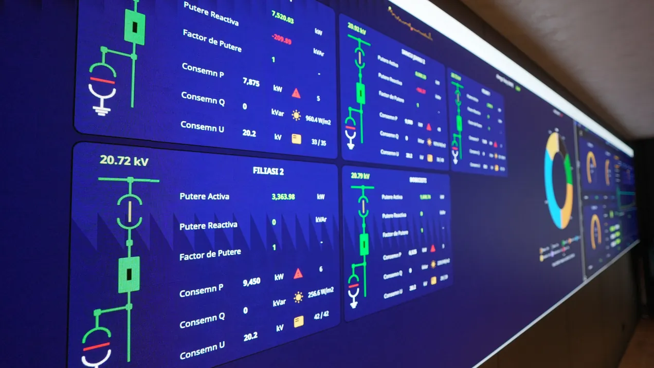 SCADA single-line diagrams on the control-room wall
