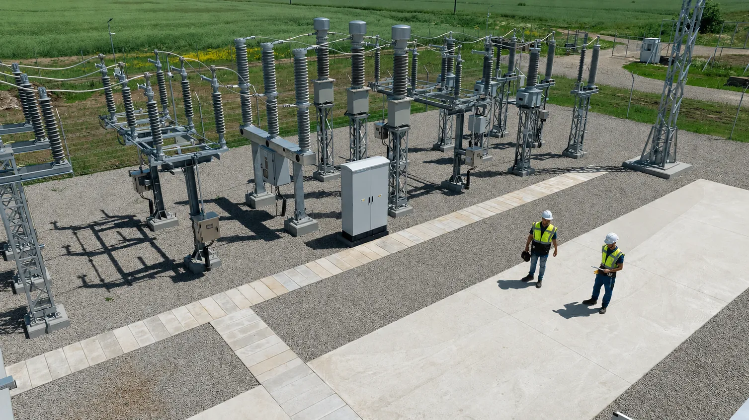 Aerial view of the Stâlpu 110/20 kV substation with two engineers